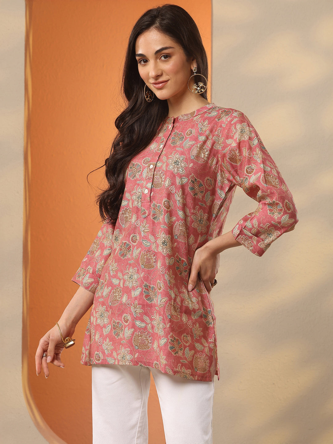 Pink Printed Silk Blend Straight Short Kurti