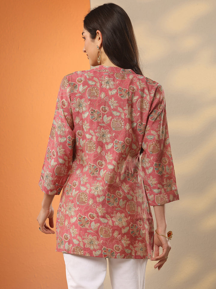 Pink Printed Silk Blend Straight Short Kurti