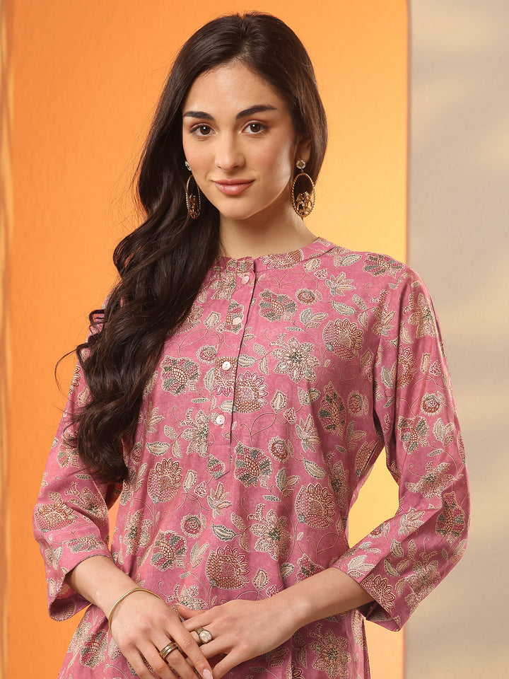 Pink Printed Silk Blend Straight Short Kurti