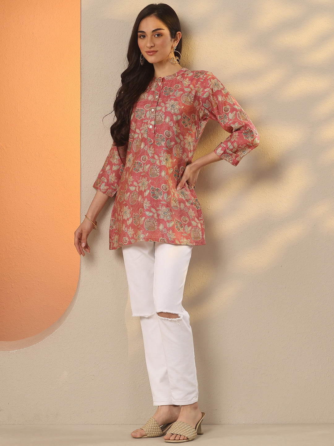 Pink Printed Silk Blend Straight Short Kurti