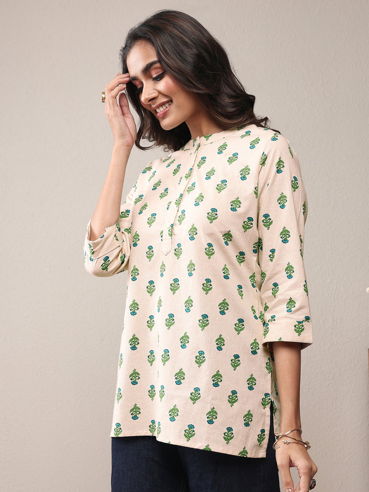Off White Floral Printed Cotton Straight Short Kurti