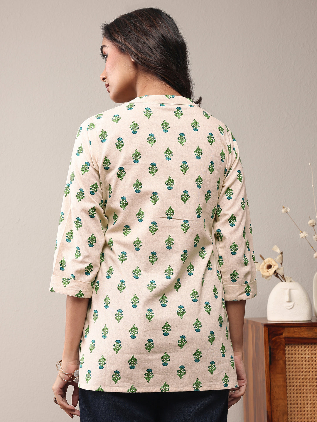 Off White Floral Printed Cotton Straight Short Kurti