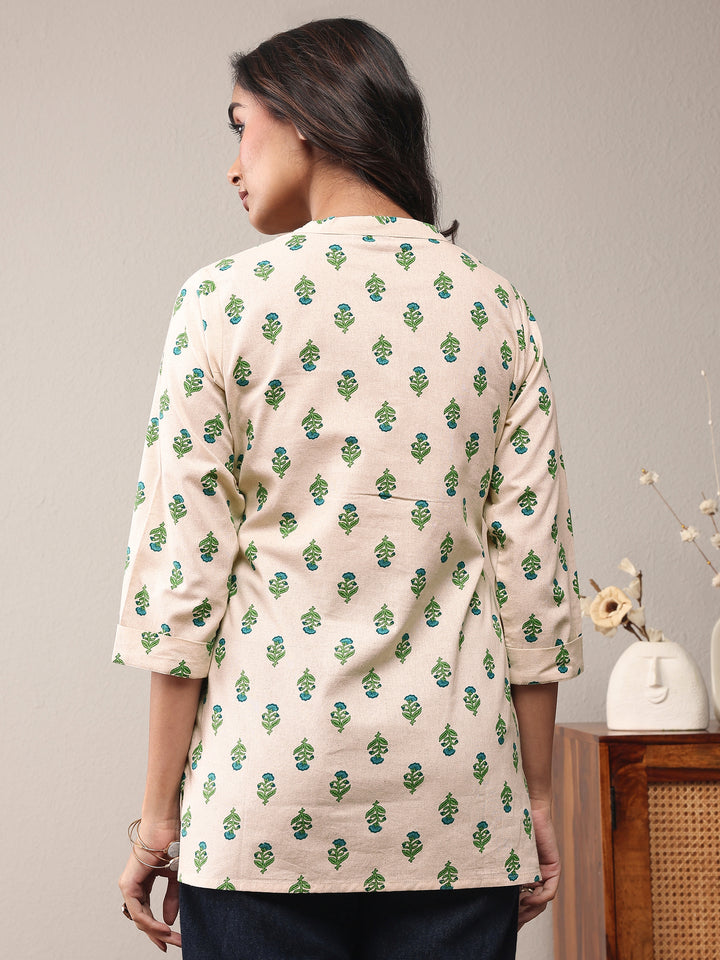 Off White Floral Printed Cotton Straight Short Kurti