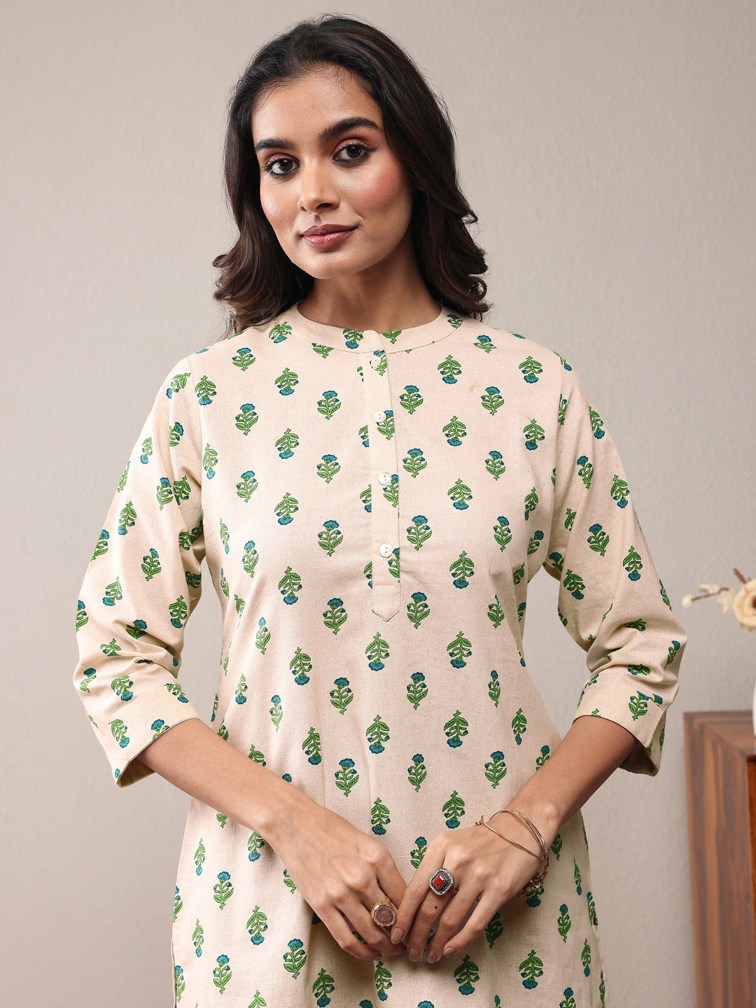 Off White Floral Printed Cotton Straight Short Kurti