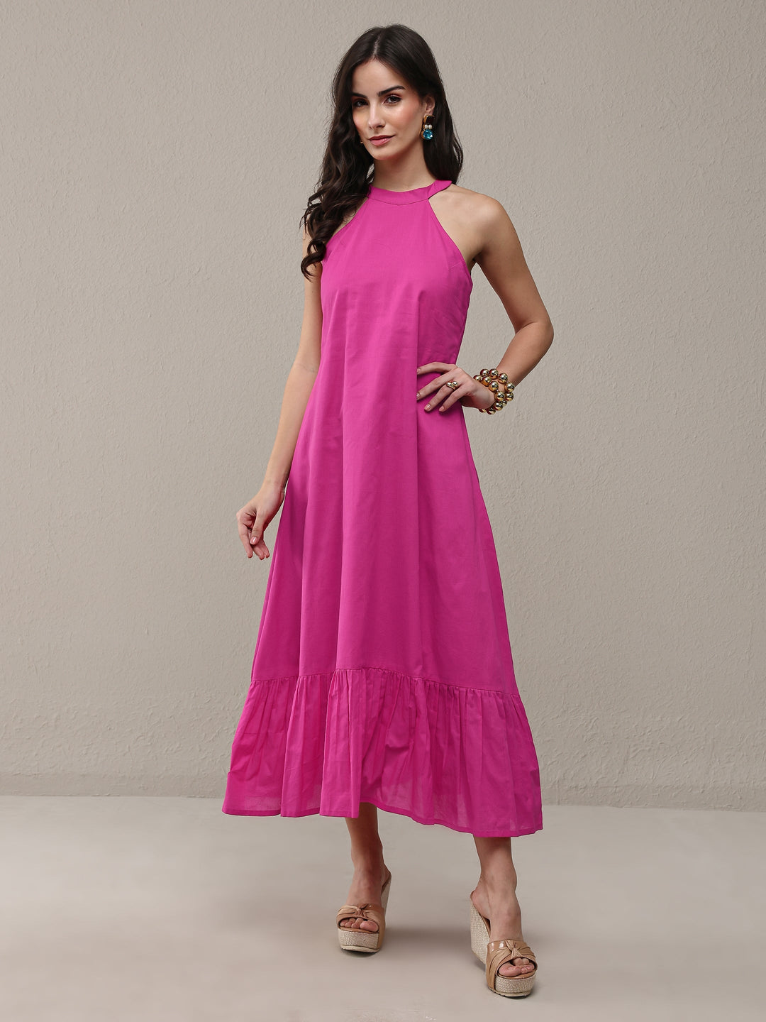 Buy Libas Pink Solid Cotton A-Line Drop Waist Dress Online in USA at $24.00