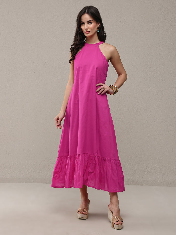 Pink Solid Cotton A-Line Drop Waist Dress