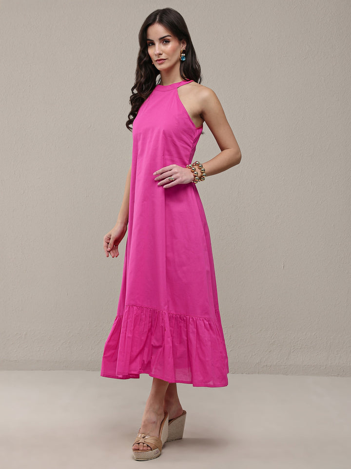 Pink Solid Cotton A-Line Drop Waist Dress