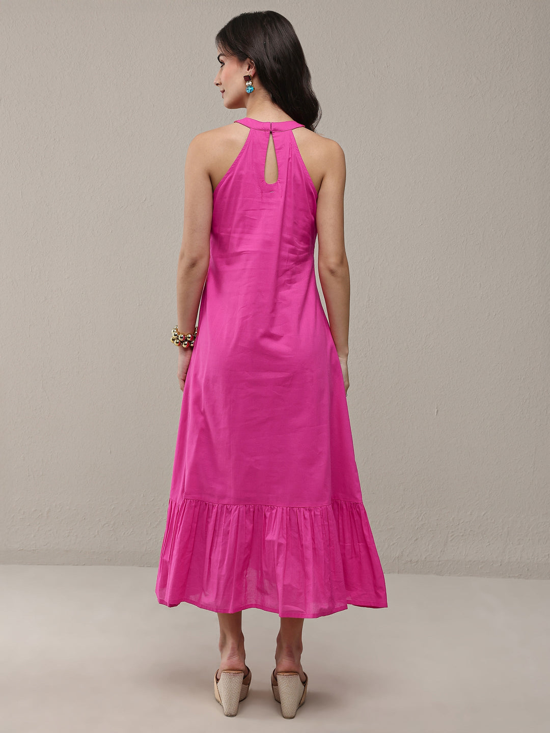 Pink Solid Cotton A-Line Drop Waist Dress