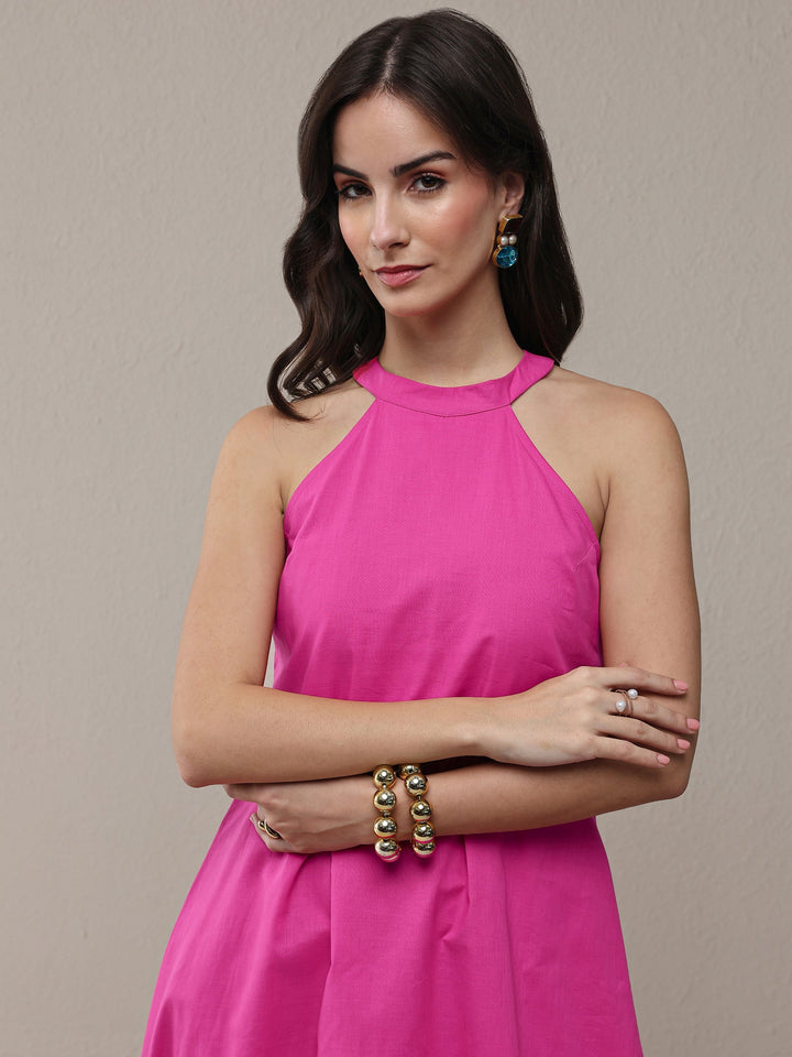 Pink Solid Cotton A-Line Drop Waist Dress