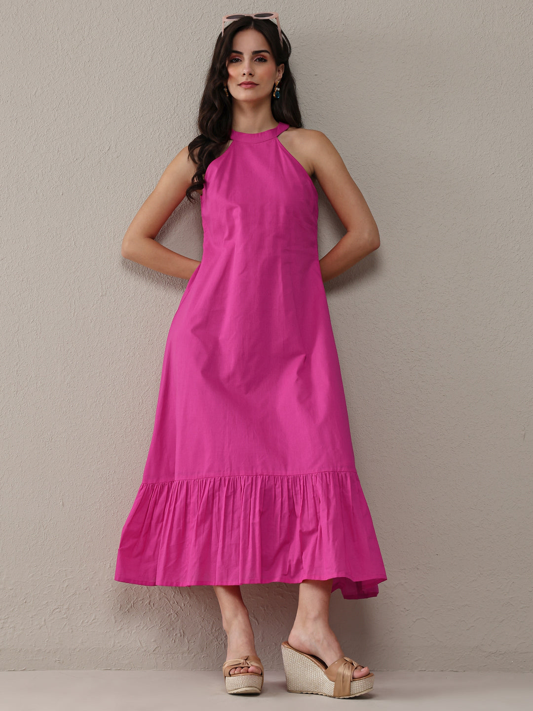 Libas Pink Solid Cotton A-Line Drop Waist Dress