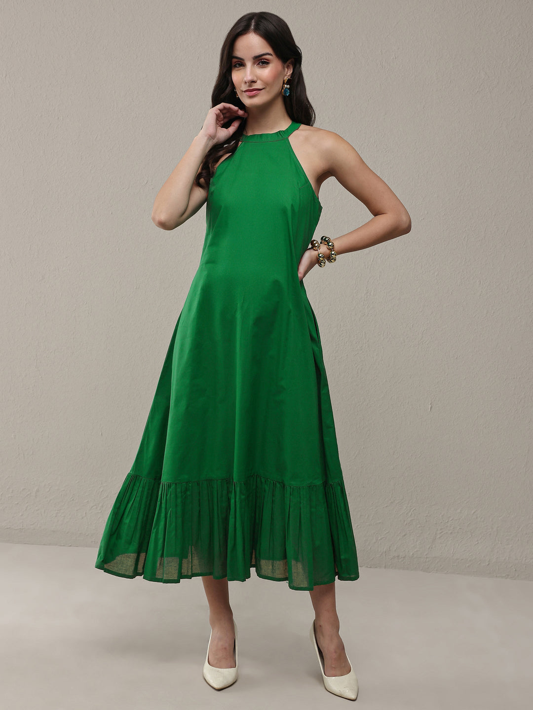 Green Solid Cotton A-Line Drop Waist Dress