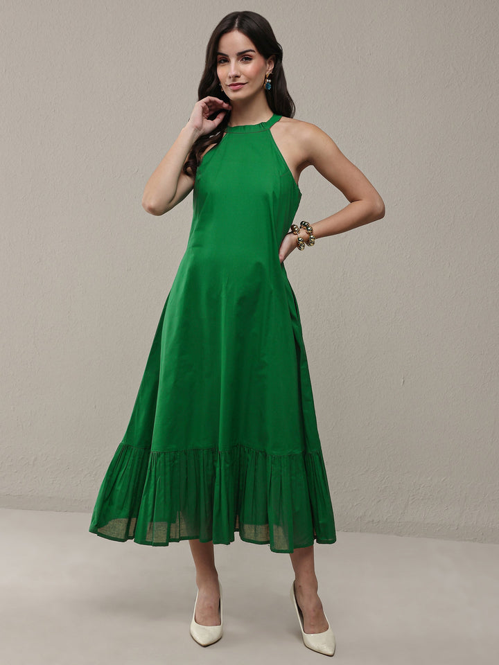 Green Solid Cotton A-Line Drop Waist Dress