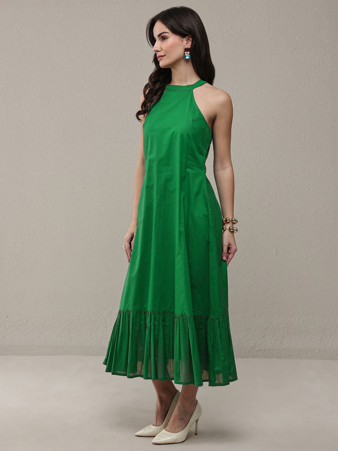 Green Solid Cotton A-Line Drop Waist Dress