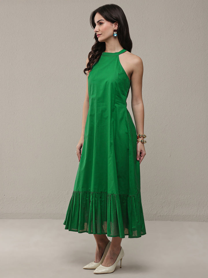 Green Solid Cotton A-Line Drop Waist Dress