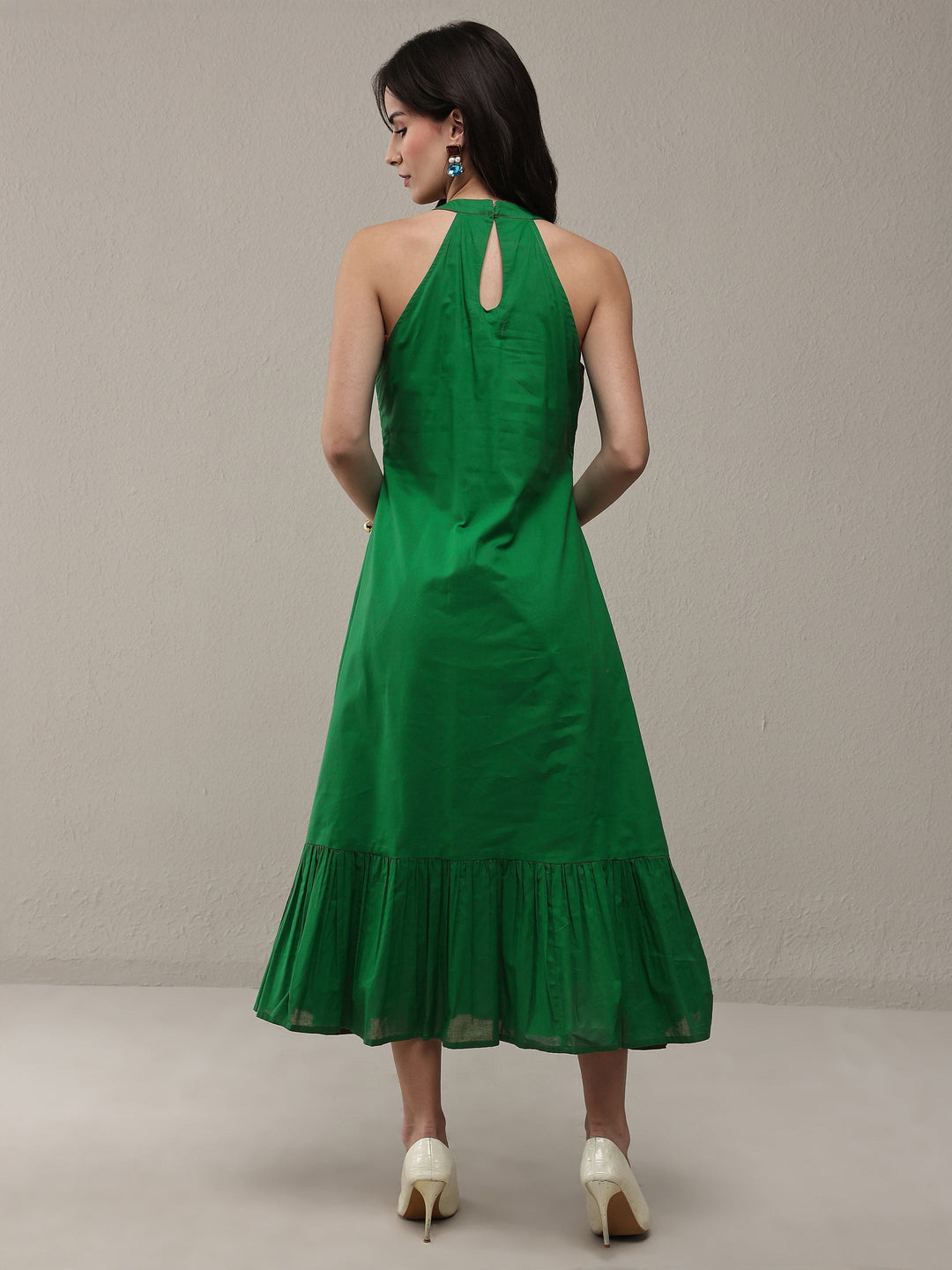 Green Solid Cotton A-Line Drop Waist Dress