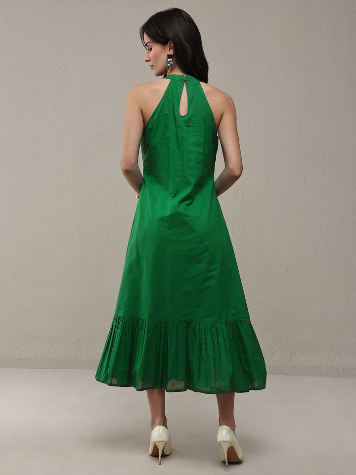 Green Solid Cotton A-Line Drop Waist Dress