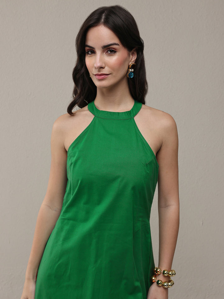 Green Solid Cotton A-Line Drop Waist Dress