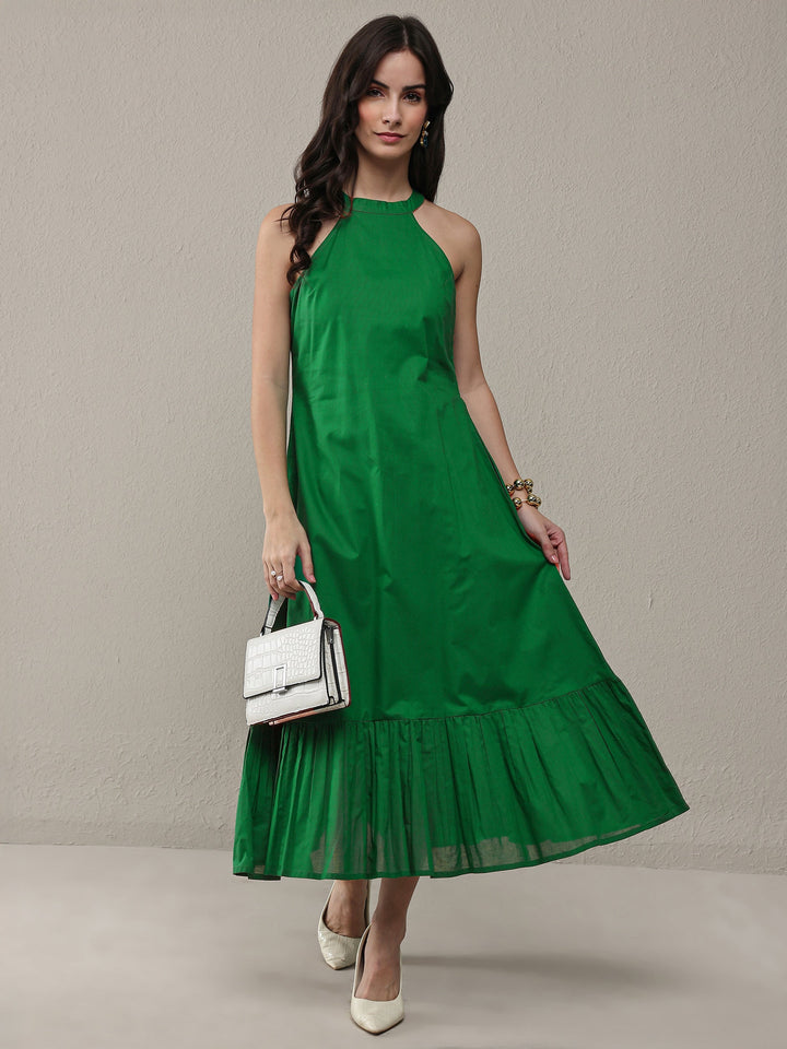 Green Solid Cotton A-Line Drop Waist Dress