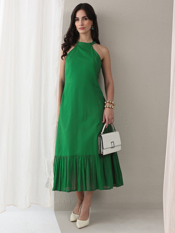 Green Solid Cotton A-Line Drop Waist Dress