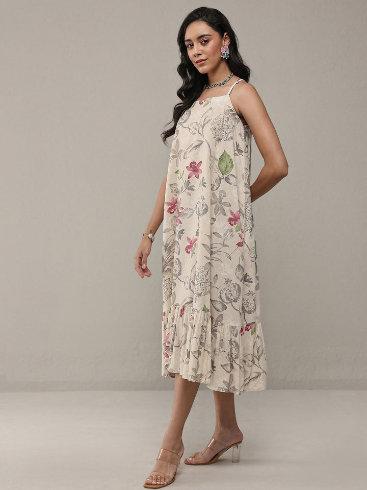 Off White Floral Printed Cotton A-Line Drop Waist Dress
