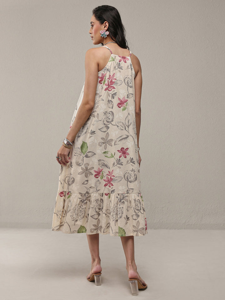 Off White Floral Printed Cotton A-Line Drop Waist Dress
