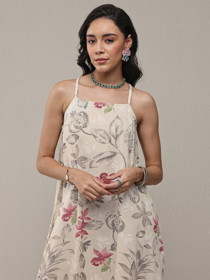 Off White Floral Printed Cotton A-Line Drop Waist Dress