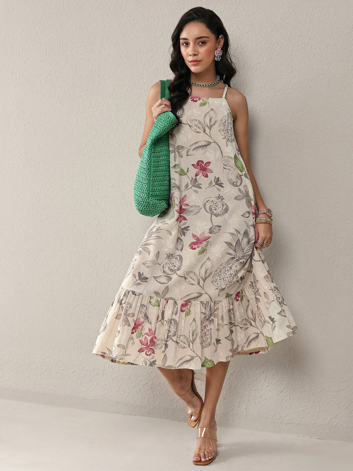 Off White Floral Printed Cotton A-Line Drop Waist Dress