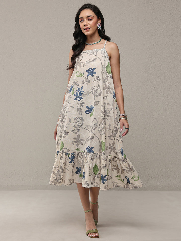 Off White Floral Printed Cotton A-Line Drop Waist Dress