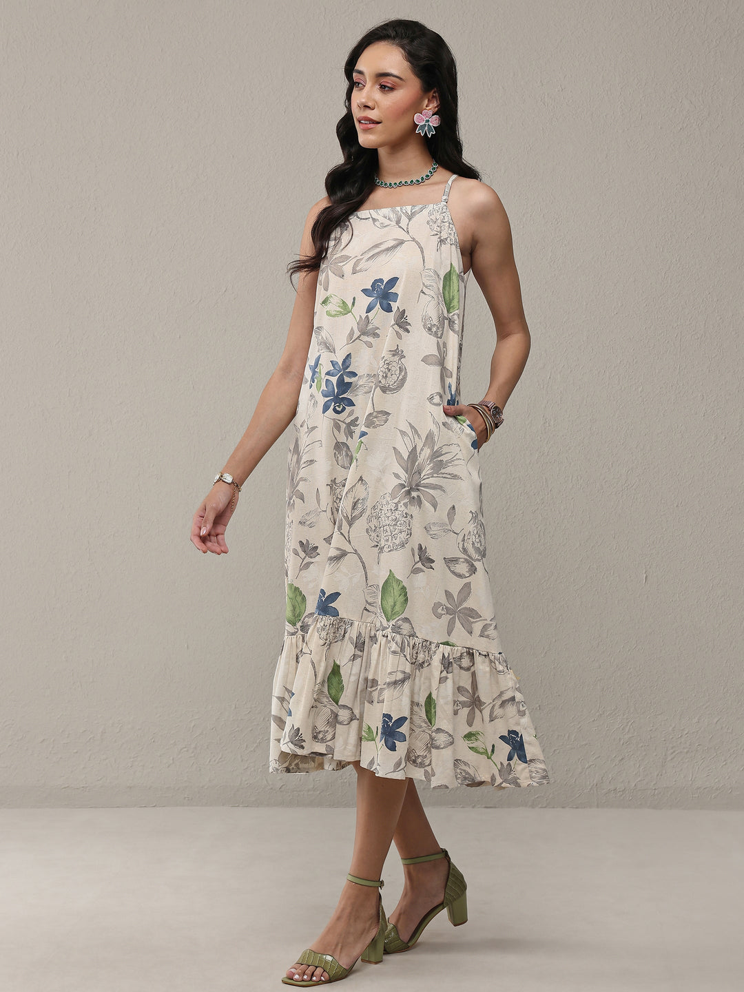 Off White Floral Printed Cotton A-Line Drop Waist Dress