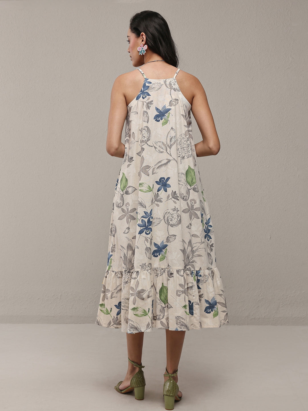 Off White Floral Printed Cotton A-Line Drop Waist Dress