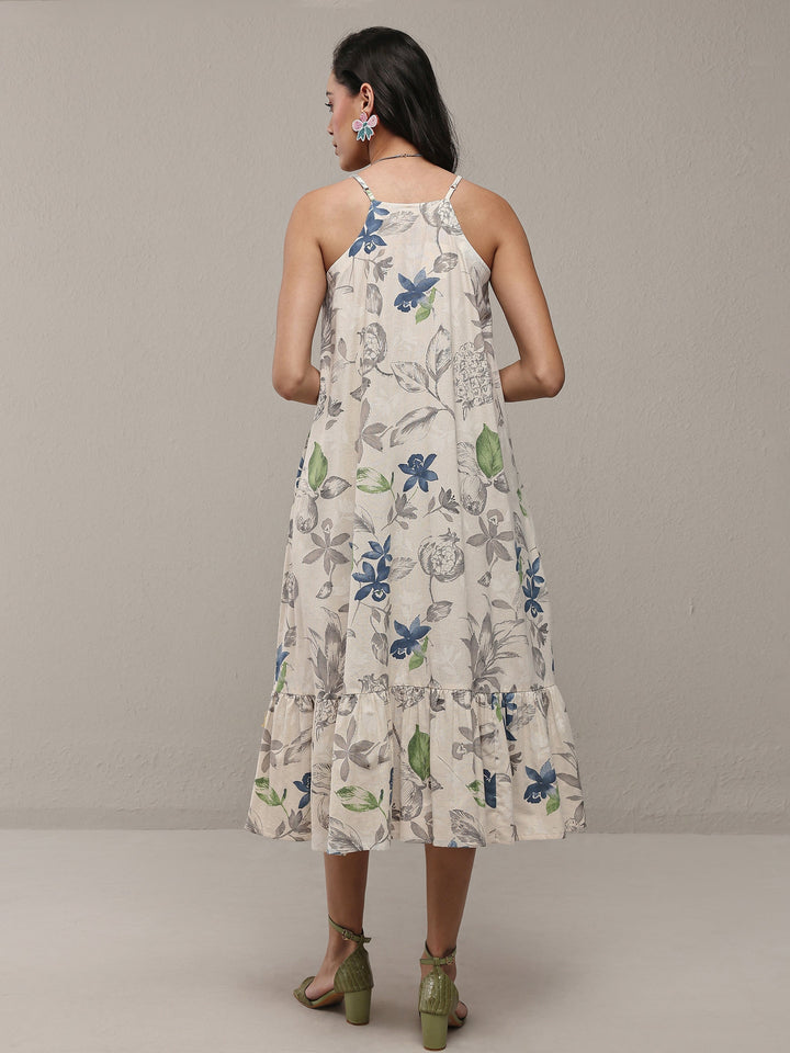 Off White Floral Printed Cotton A-Line Drop Waist Dress
