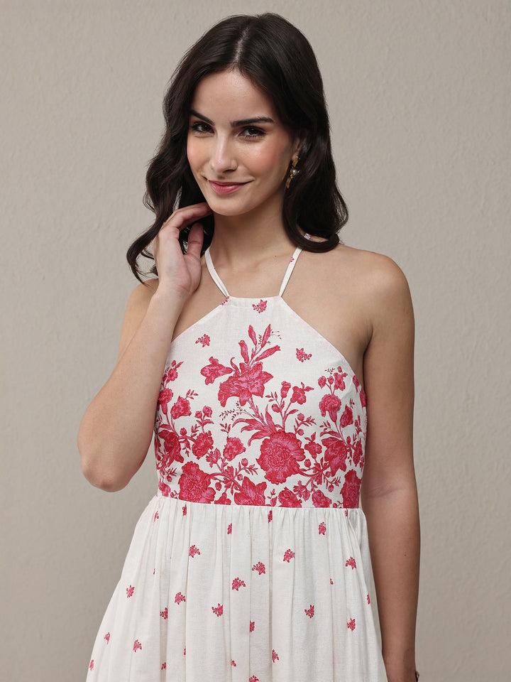 White Floral Printed Cotton Fit-And-Flare One Piece Dress