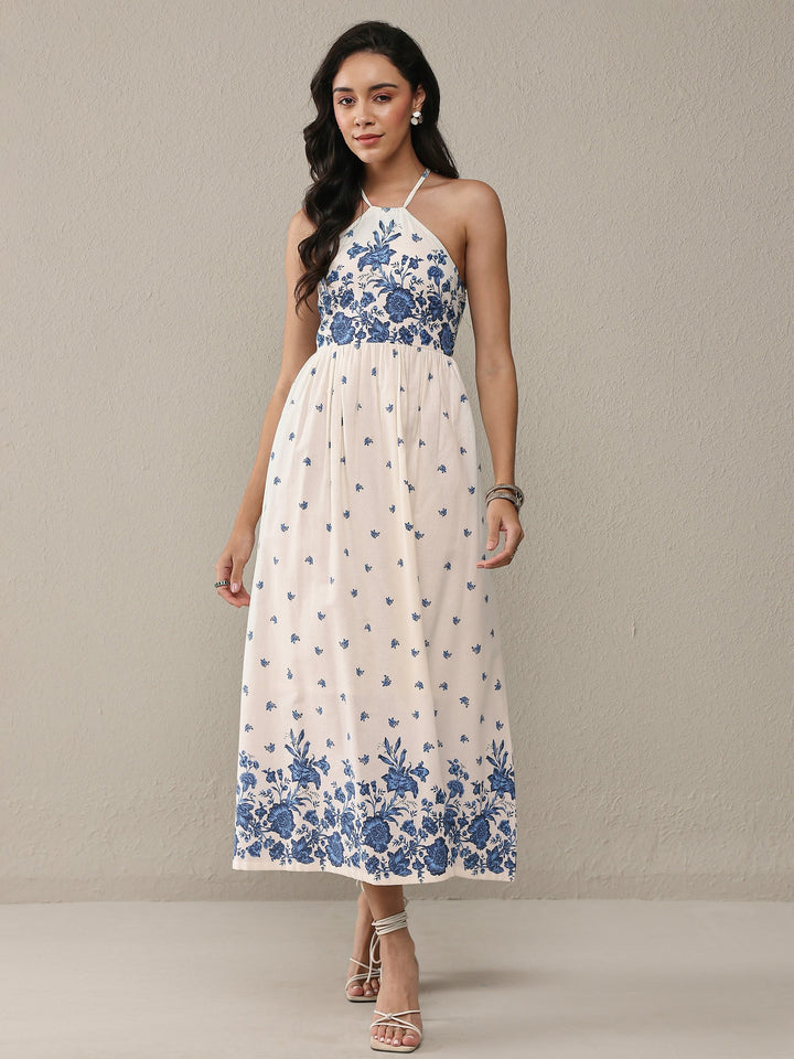 White Floral Printed Cotton Fit-And-Flare One Piece Dress