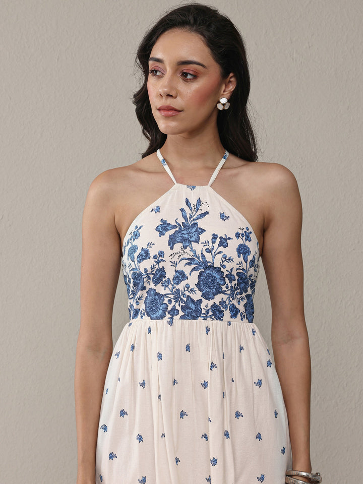 White Floral Printed Cotton Fit-And-Flare One Piece Dress