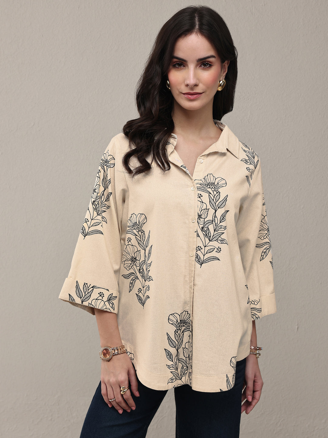 Off White Floral Printed Cotton Shirt