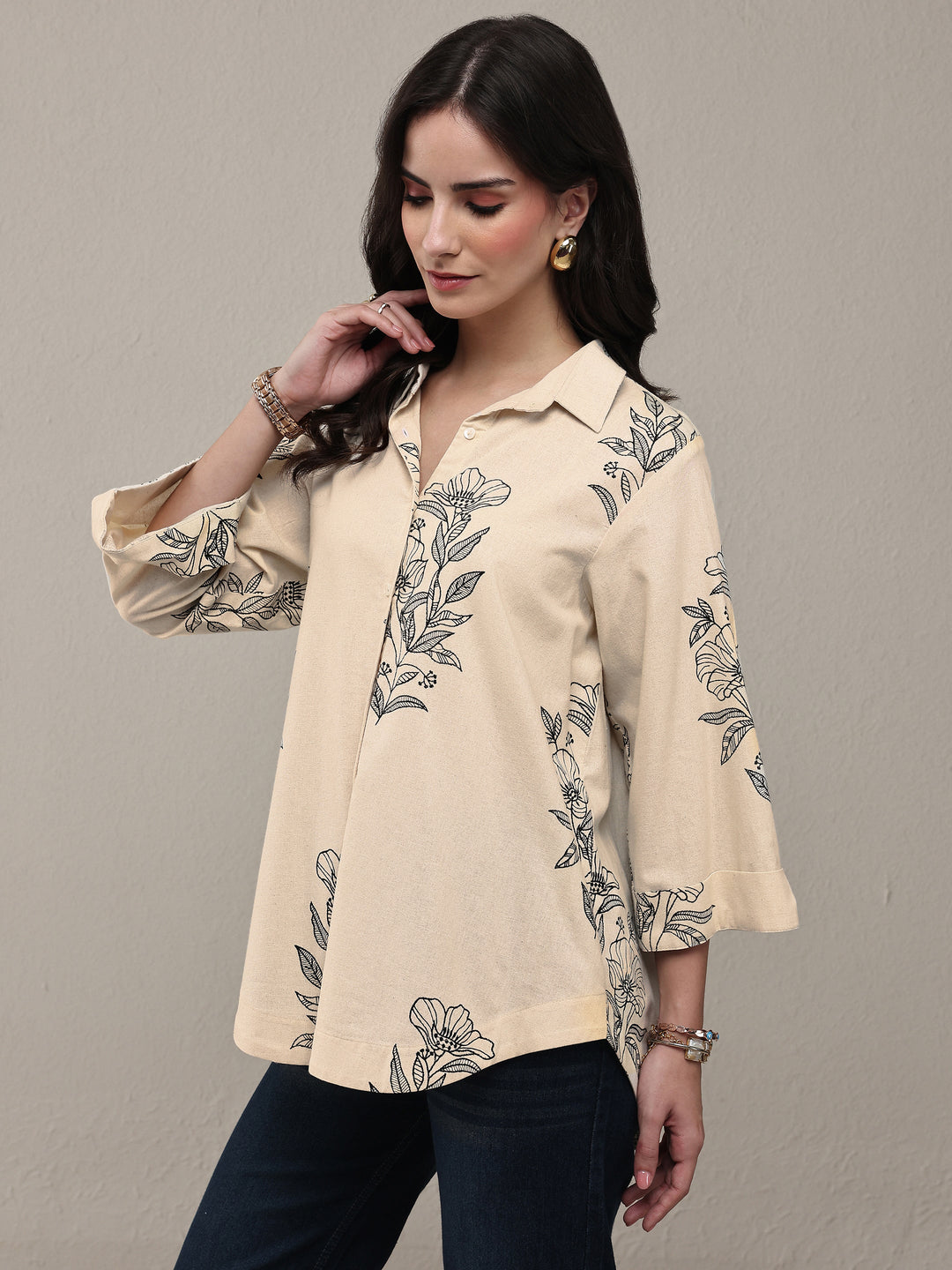 Off White Floral Printed Cotton Shirt