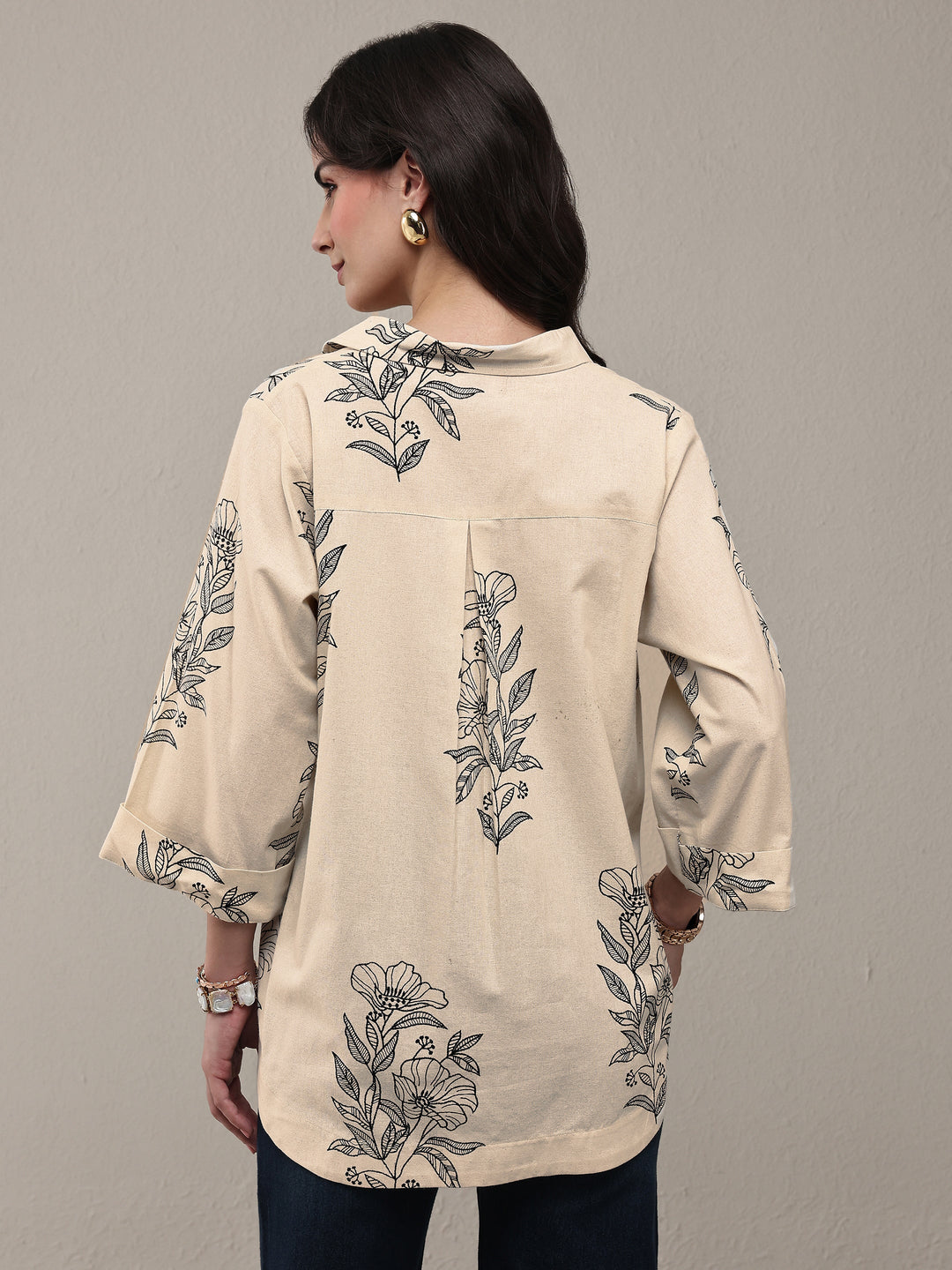 Off White Floral Printed Cotton Shirt