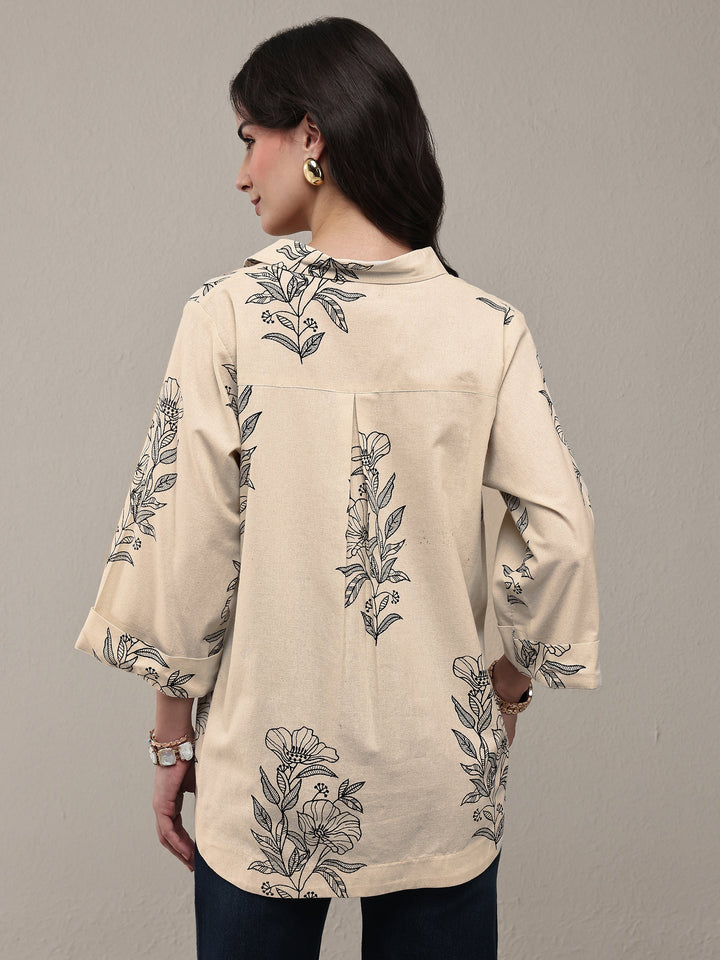 Off White Floral Printed Cotton Shirt