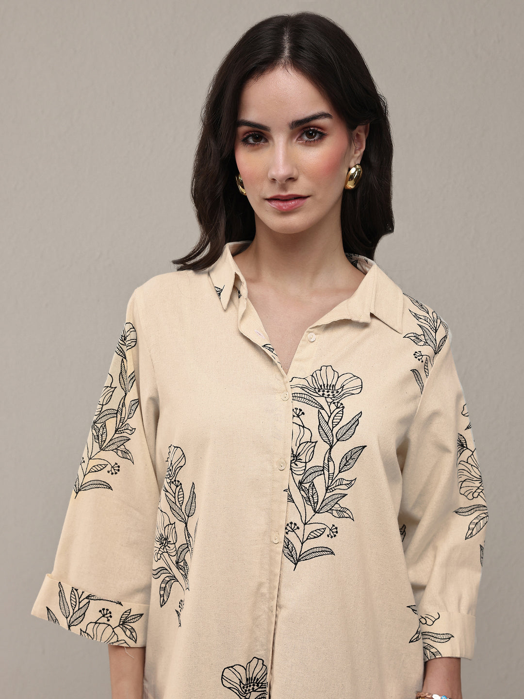Off White Floral Printed Cotton Shirt