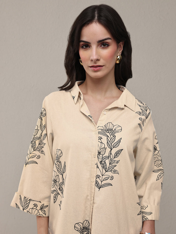 Off White Floral Printed Cotton Shirt