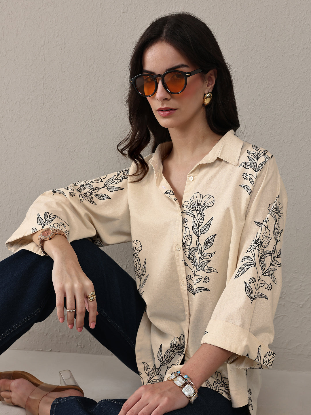 Off White Floral Printed Cotton Shirt