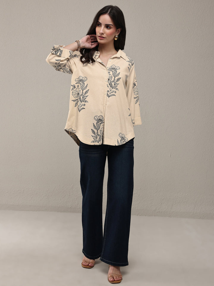 Off White Floral Printed Cotton Shirt