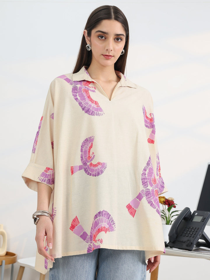 Off White Printed Cotton A-Line Short Kurti