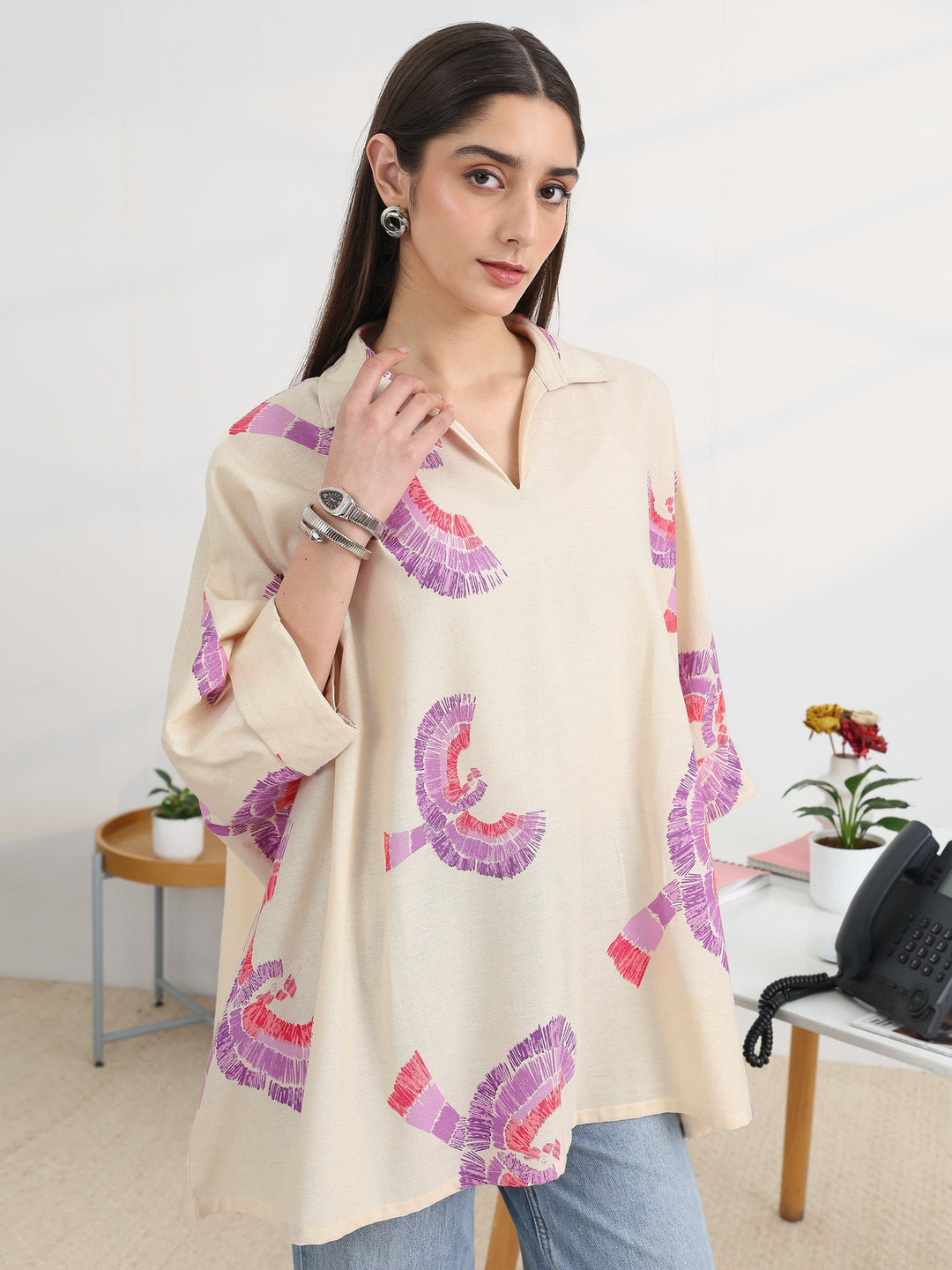 Off White Printed Cotton A-Line Short Kurti