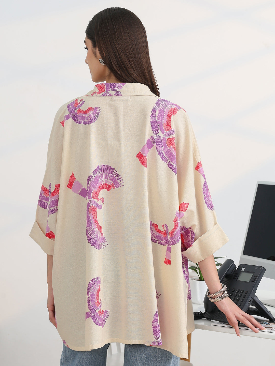Off White Printed Cotton A-Line Short Kurti