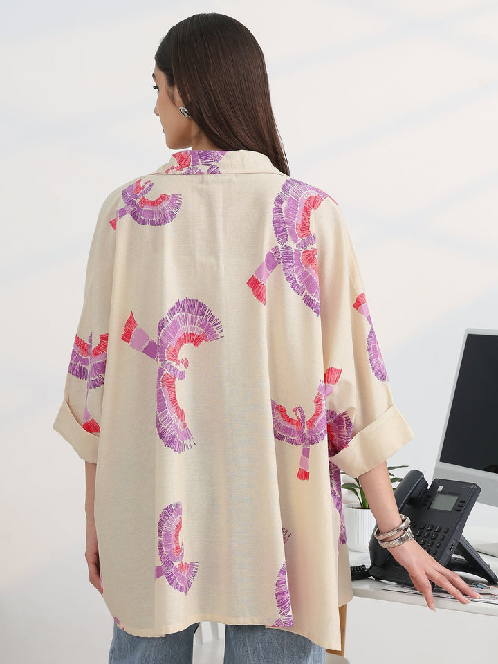 Off White Printed Cotton A-Line Short Kurti