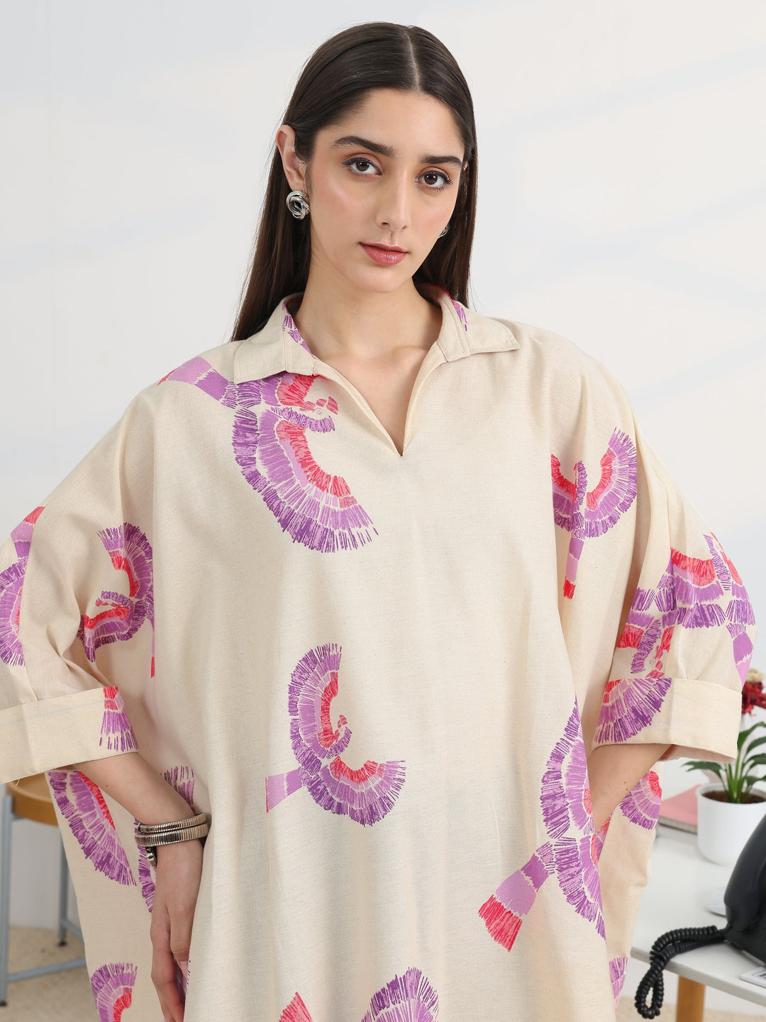 Off White Printed Cotton A-Line Short Kurti