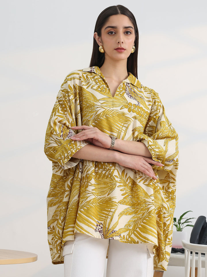 Mustard Printed Cotton A-Line Short Kurti