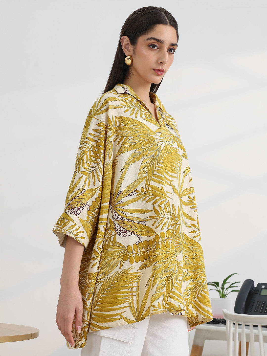 Mustard Printed Cotton A-Line Short Kurti