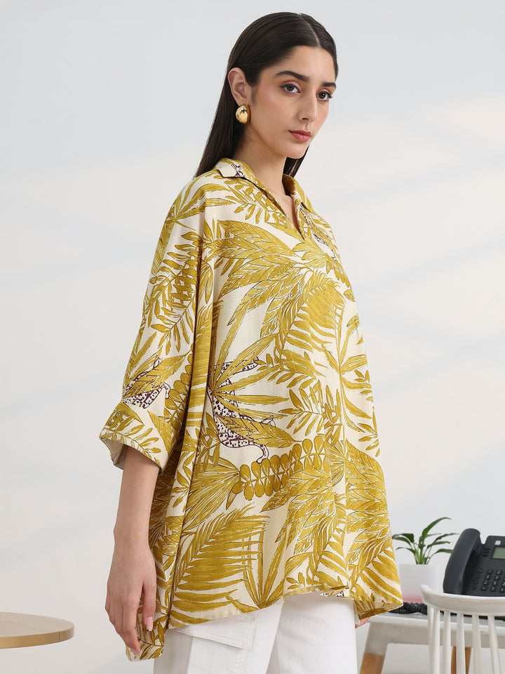 Mustard Printed Cotton A-Line Short Kurti